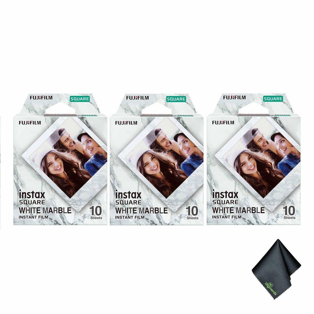 FUJIFILM INSTAX Square White Marble Instant Film (30 Exposures) Bundle with Microfiber Cleaning Cloth