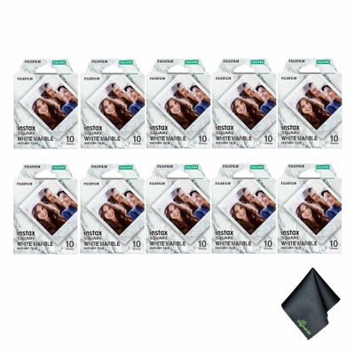 FUJIFILM INSTAX Square White Marble Instant Film (100 Exposures) Bundle with Microfiber Cleaning Cloth