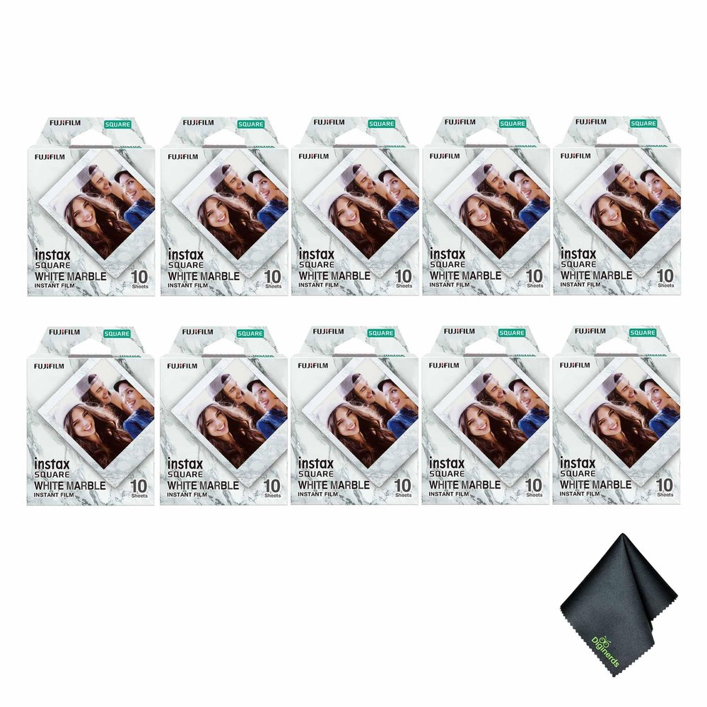 FUJIFILM INSTAX Square White Marble Instant Film (100 Exposures) Bundle with Microfiber Cleaning Cloth