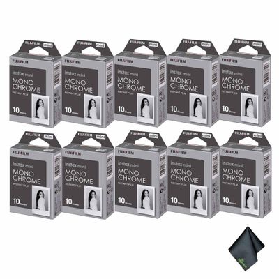 FUJIFILM INSTAX MINI Monochrome Instant Film (100 Exposures) Bundle with Microfiber Cleaning Cloth