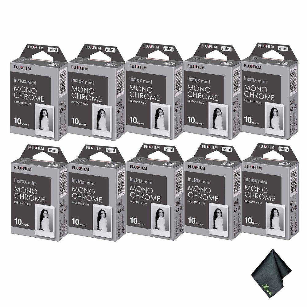 FUJIFILM INSTAX MINI Monochrome Instant Film (100 Exposures) Bundle with Microfiber Cleaning Cloth