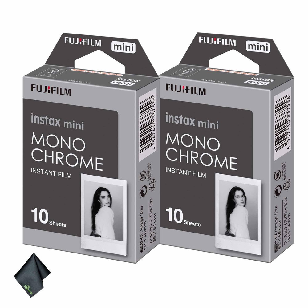 FUJIFILM INSTAX MINI Monochrome Instant Film (20 Exposures) Bundle with Microfiber Cleaning Cloth