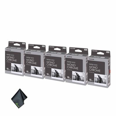FUJIFILM INSTAX Wide Monochrome Instant Film (50 Exposures) Bundle with Microfiber Cleaning Cloth
