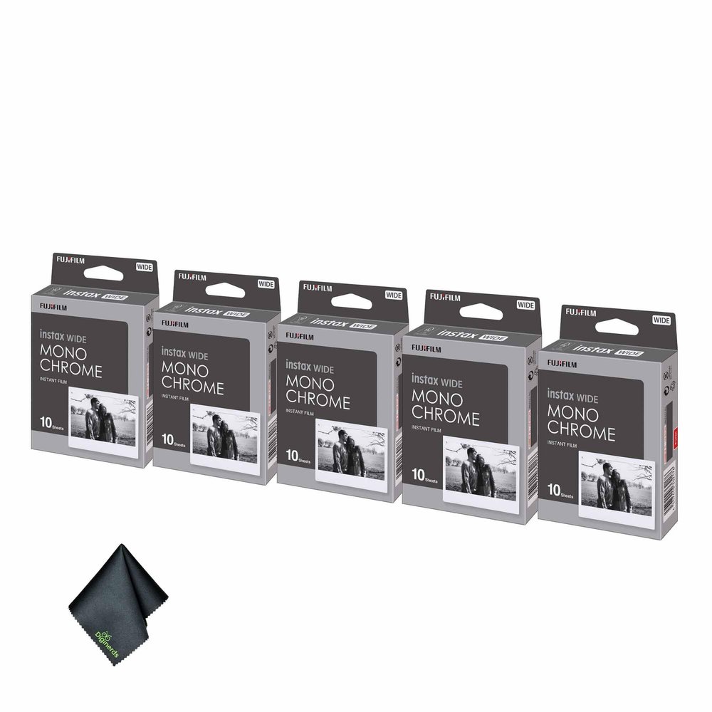 FUJIFILM INSTAX Wide Monochrome Instant Film (50 Exposures) Bundle with Microfiber Cleaning Cloth