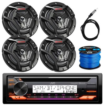JVC KD-T92MBS Single DIN Marine USB Bluetooth CD Player Stereo Receiver with 4X 6.5 150 Watt 2-Way Coaxial Black Car Audio Speakers, Radio Antenna, 50 Ft 16 Gauge Speaker Wire