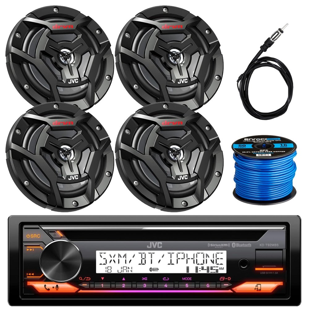JVC KD-T92MBS Single DIN Marine USB Bluetooth CD Player Stereo Receiver with 4X 6.5 150 Watt 2-Way Coaxial Black Car Audio Speakers, Radio Antenna, 50 Ft 16 Gauge Speaker Wire