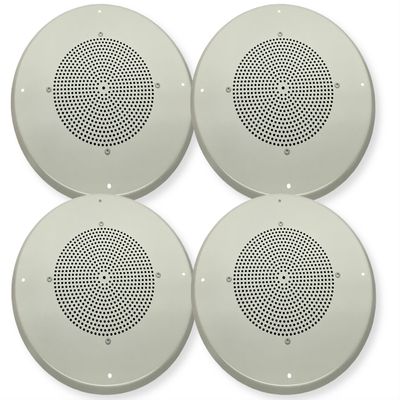 S810T725PG8W Pack of 4 Ceiling Speakers, 8 inch Speaker with Transformer and Baffle, 10 oz Magnet, Ooff White Grille, 4 watt 70V/25V taps, Pre-Assembled, Commercial Paging Audio