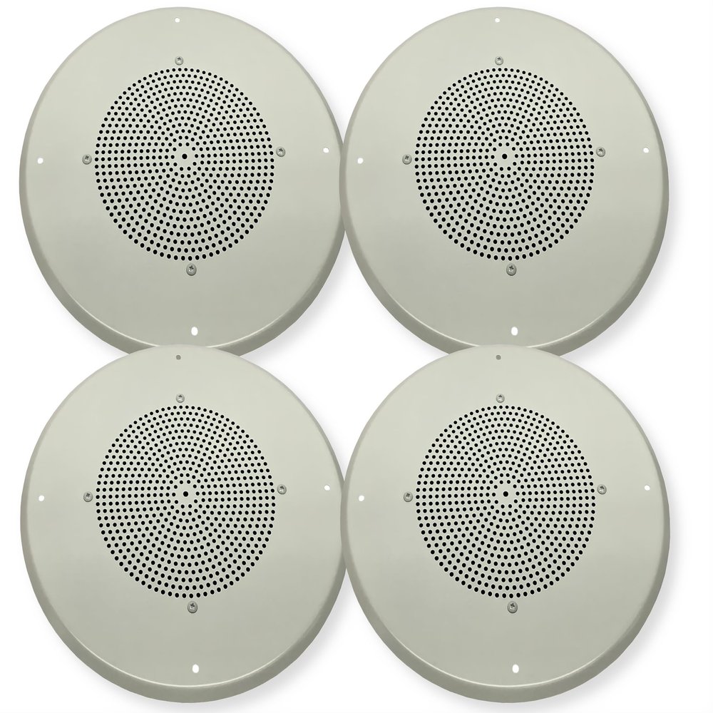 S810T725PG8W Pack of 4 Ceiling Speakers, 8 inch Speaker with Transformer and Baffle, 10 oz Magnet, Ooff White Grille, 4 watt 70V/25V taps, Pre-Assembled, Commercial Paging Audio