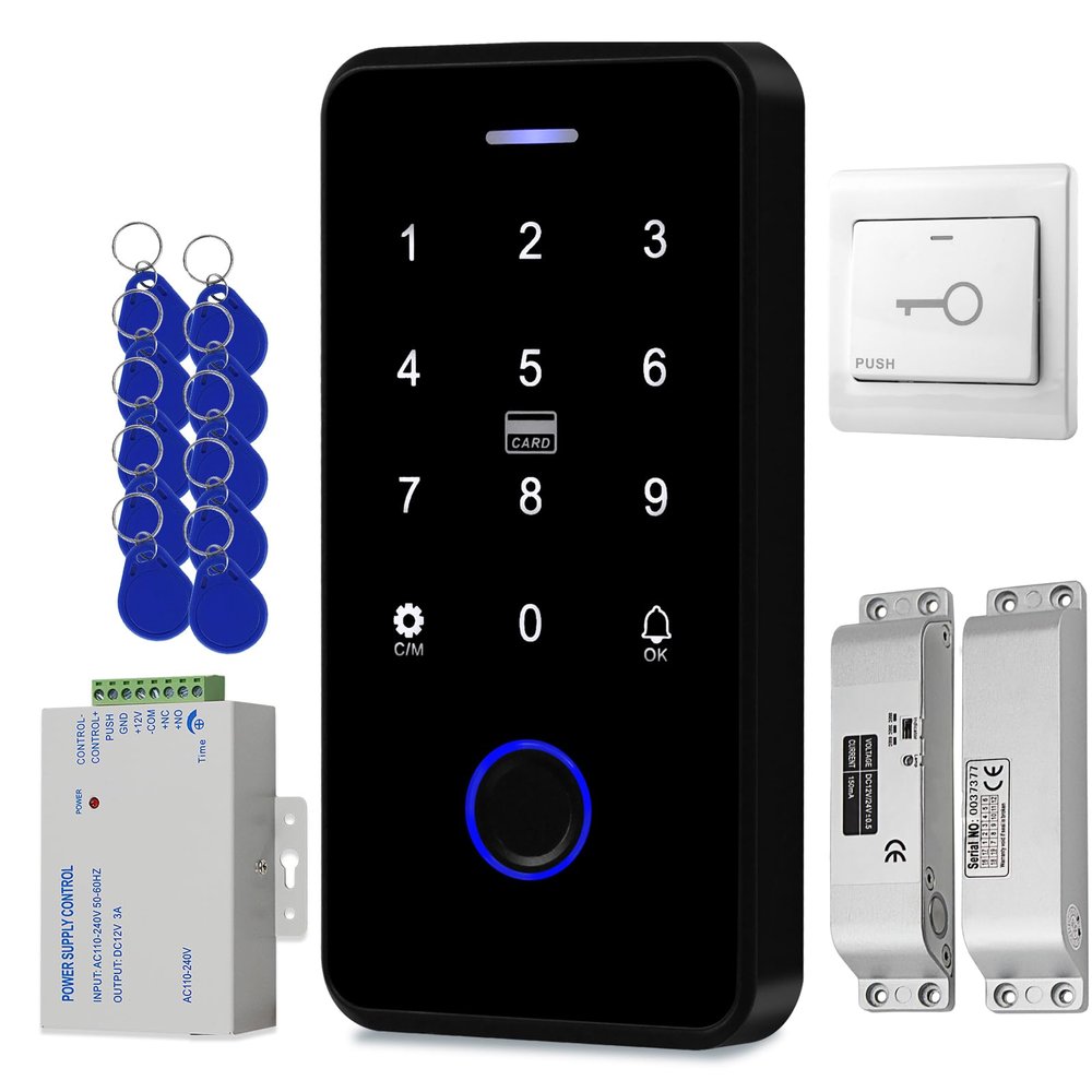 AccessShield Biometric Fingerprint Access Smart Home Security Systems with Waterproof Keyboard,Power Supply,Door Switch,(Electric Lock),Keychain, Phone APP Remote Unlock