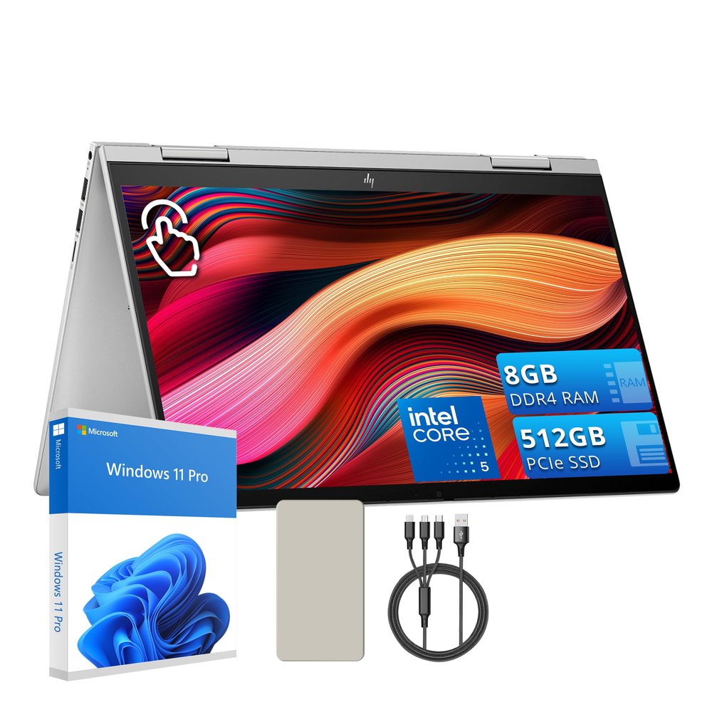 HP Envy x360 2-in-1 Laptop-14 FHD Touchscreen Display-Intel 5 120U-8GB DDR4 RAM-512GB PCIe SSD-Backlit Keyboard-Fingerprint Reader-Copilot-Win 11 Pro-Silver-128GB Docking Station Set