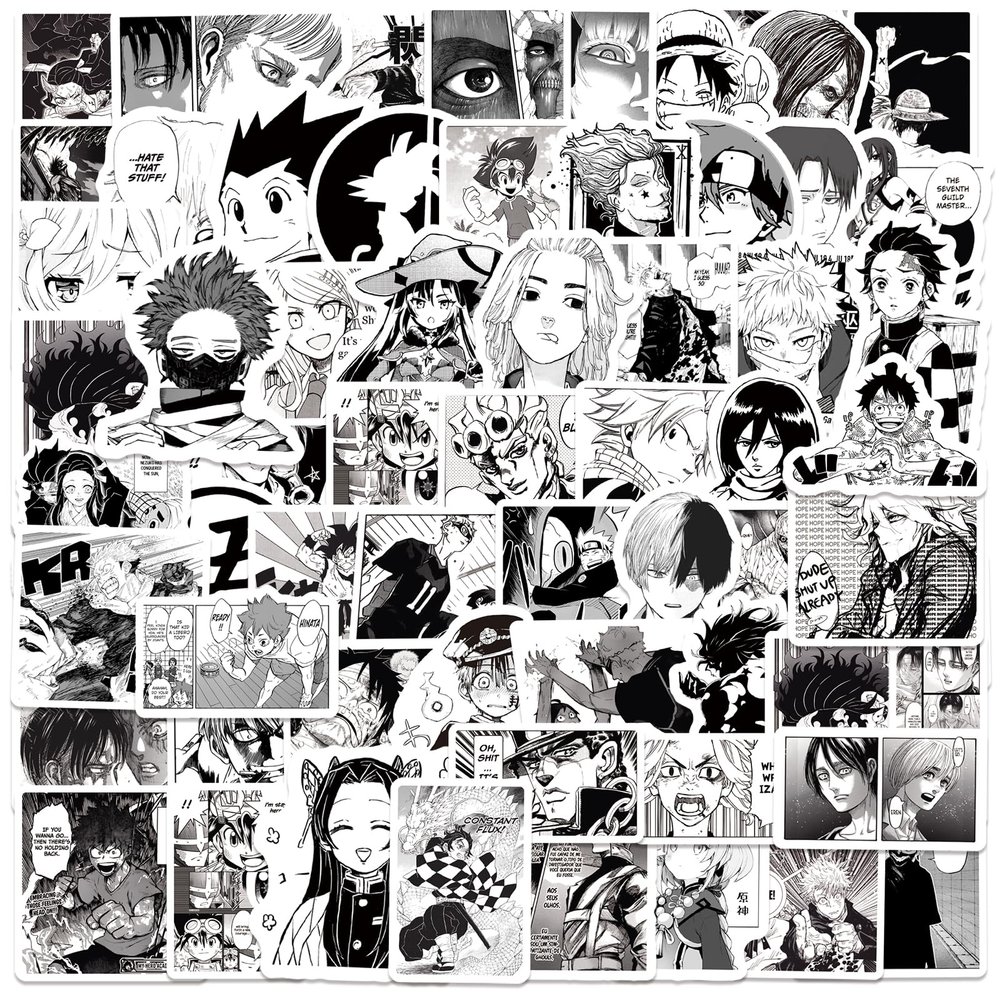 100pcs Black and White Anime Stickers for Kids,Movie Decorative Sticker for Kids Teens Waterproof Stickers for Water Bottle Laptop Luggage Helmet Skateboard Guitar