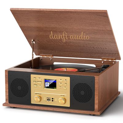 10-in-1 Retro Bluetooth Record Player with Stereo Speakers, 3-Speed Vinyl Turntable, CD Player, USB/SD Playback & Recording, Internet Radio, Clock, Vintage All-in-One Multimedia Center  Walnut