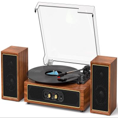 Vintage Record Player with External Speakers, 3-Speed Belt-Drive Turntable, Dual Stereo Sound, Bluetooth Input, PC Vinyl Recording, RCA Output, Bass/Treble Control, Auto-Stop,Red Wood