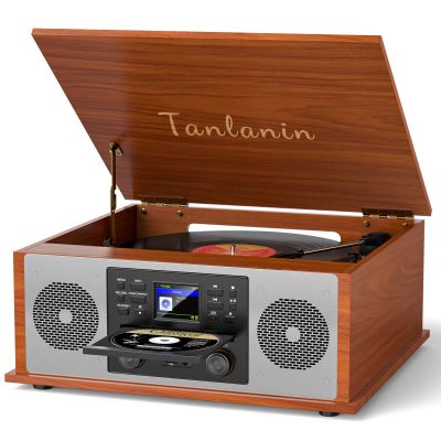 10-in-1 Vintage Bluetooth Record Player Multimedia Center with Built-in Stereo Speakers, CD Player, All-in-One 3-Speed Vinyl Turntable, Internet Radio, Clock, USB Recording, RCA Out,Red Wood