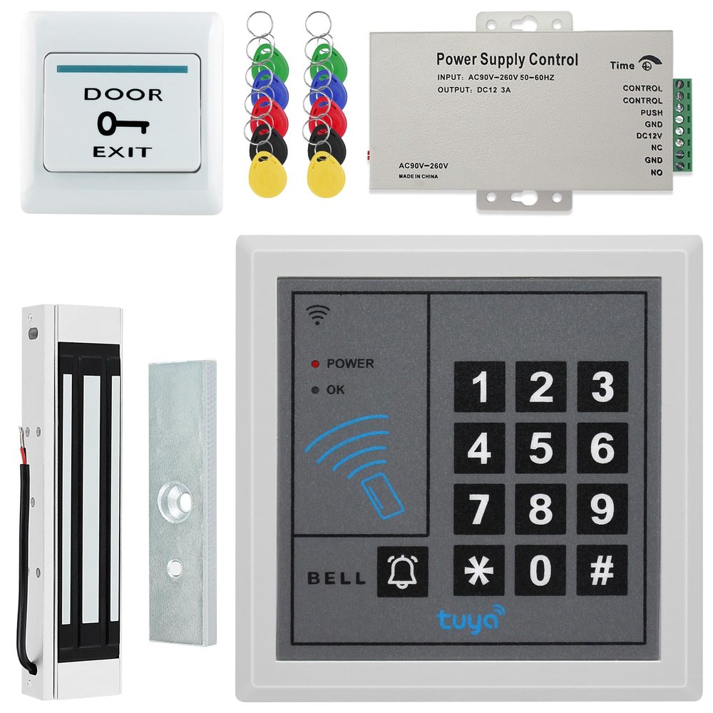 AccessShield Access Control System with Tuya Remote Unlocking,Power Supply DC 12V,Door Lock Release Switch,10Pcs ID 125KHZ Keychain,(Electric Lock)