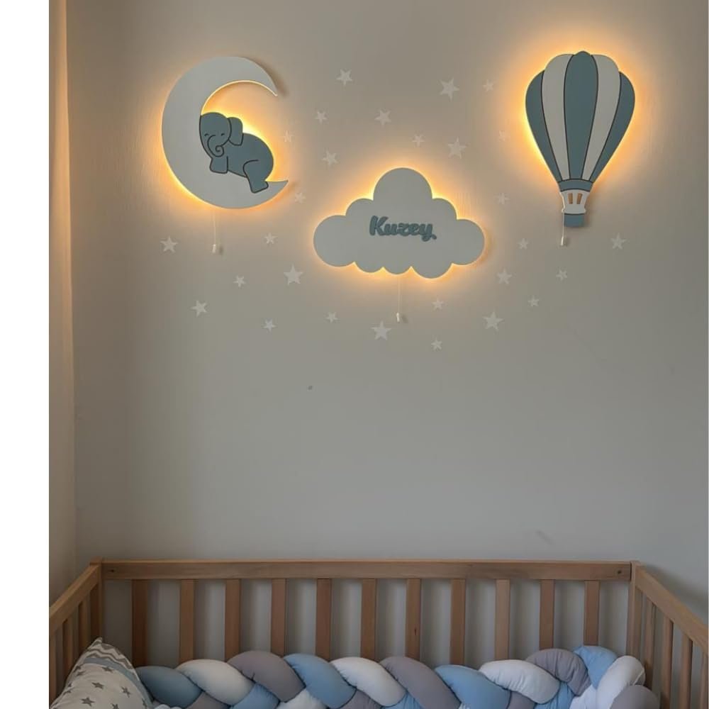 BugyBagy Dreamy Blue Collection 3-Piece Nursery Wall Lamp Blue Set: Cloud with Name, Elephant on Moon & Air Balloon with 25 White Stickers + 3 Mini Wooden Clouds