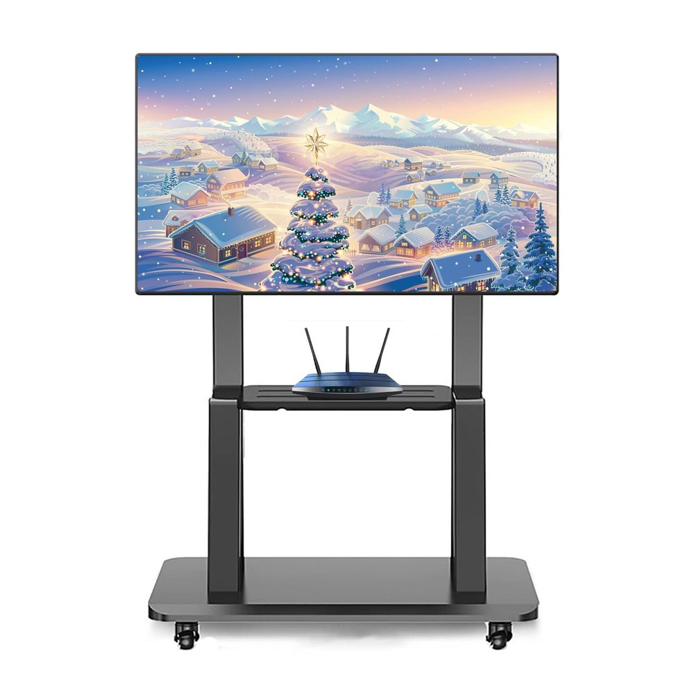 GHHDPXM Adjustable Height Mobile TV Cart for Large Size TV, Freestanding Universal TV Mount Stand with Media Storage Shelf, Black