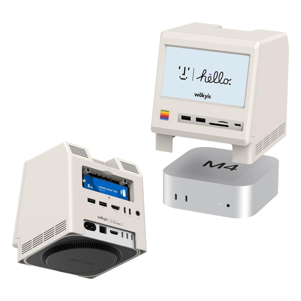 Wokyis M5 Retro Dock Station for Mac mini M4, 5inch HD Display, 10Gbps M.2 NVMe SSD Enclosure, SD/Micro SD Reader 4.0, 4*USB-A 1*USB-C 10Gbps, 3.5mm Earphone Jack,
