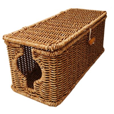 Cord Organizer Cable Management Box PC Tool Wire Organizer Rectangle Imitation Rattan- 32cmx13cmx13cm