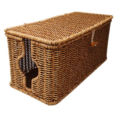 Cable Management Box Imitation Rattan Cord Organizer Desk Storage TV Computer Home Lidded Cover Living Room PC Bedroom Drawer- 35cmx15.5cmx15.5cm