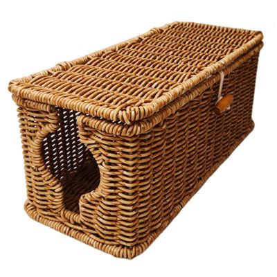 Cable Management Box Imitation Rattan Cord Organizer Desk Storage TV Computer Home Lidded Cover Living Room PC Bedroom Drawer- 32cmx13cmx13cm