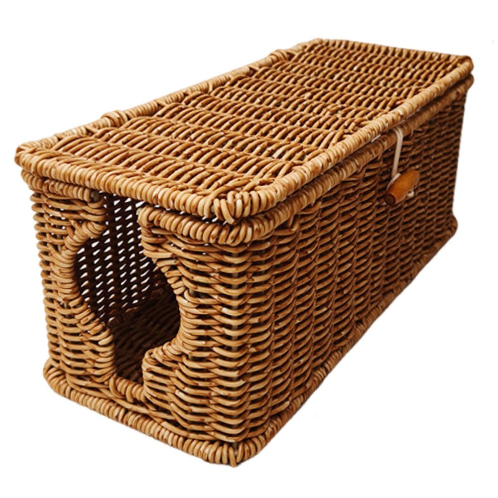 Cable Management Box Imitation Rattan Cord Organizer Desk Storage TV Computer Home Lidded Cover Living Room PC Bedroom Drawer- 32cmx13cmx13cm