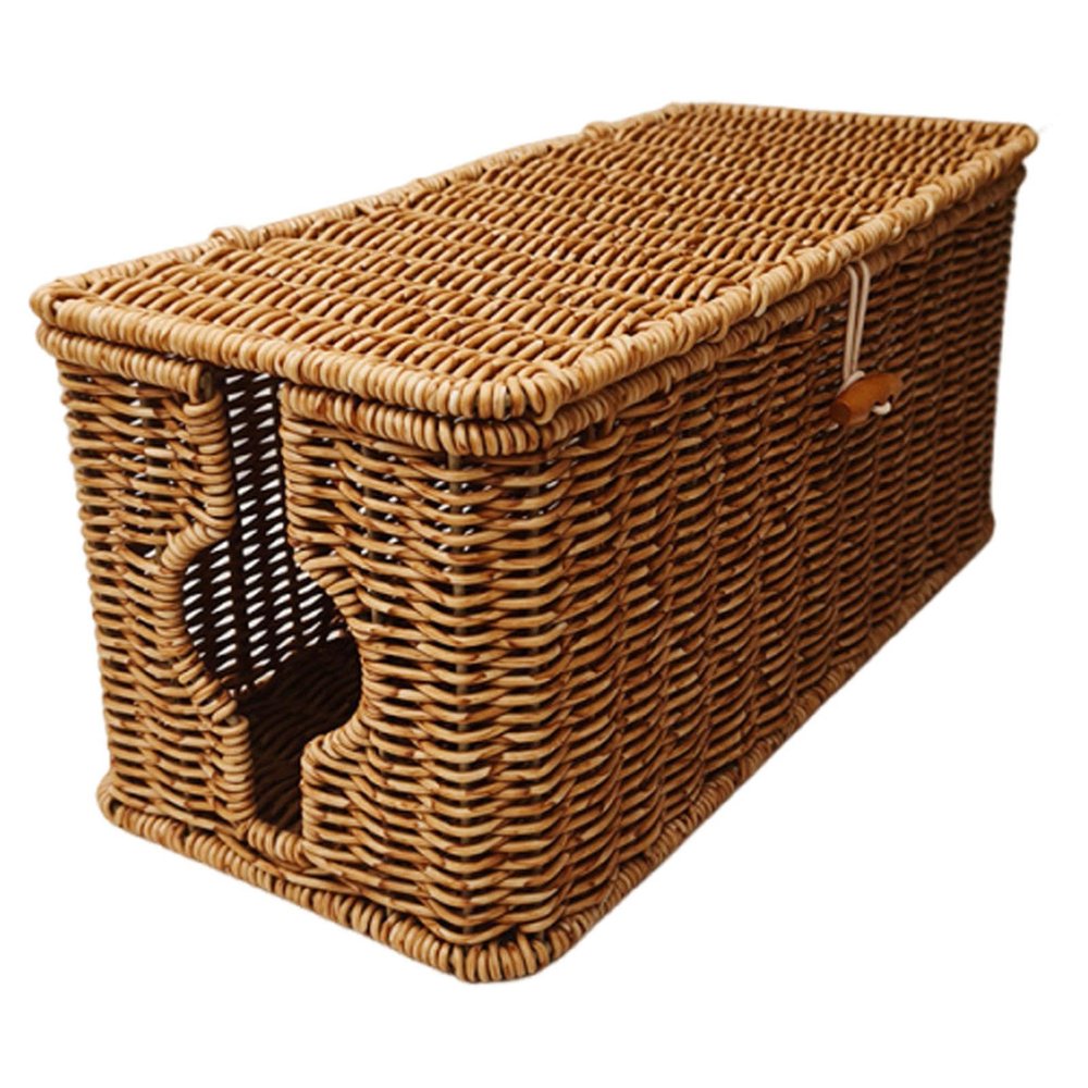 Cord Organizer Cable Management Box PC Tool Wire Organizer Rectangle Imitation Rattan- 35cmx15.5cmx15.5cm