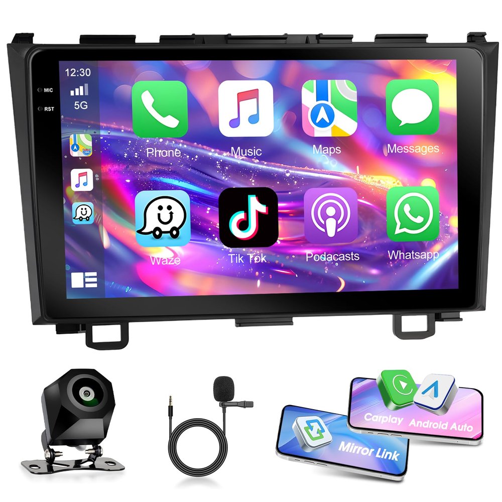 4+64G Wireless Carplay & Android Auto Car Stereo for Honda CRV 2007-2011, 9" Touch Screen Bluetooth Receiver with GPS Navigation Mirror Link WiFi RDS Hi-Fi Bluetooth AHD Backup Camera MIC