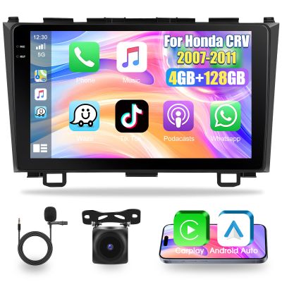 4+128G Wireless Carplay & Android Auto Car Stereo for Honda CRV 2007-2011, 9" Touch Screen Bluetooth Receiver with GPS Navigation Mirror Link WiFi RDS Hi-Fi Bluetooth AHD Backup Camera MIC