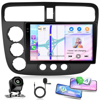 [4+128G] Car Stereo for Honda Civic 2005 with Wireless CarPlay & Android Auto9" Double Din Touchscreen Bluetooth Radio with GPS Mirror Link WiFi RDS Hi-Fi Bluetooth AHD Backup Camera MIC