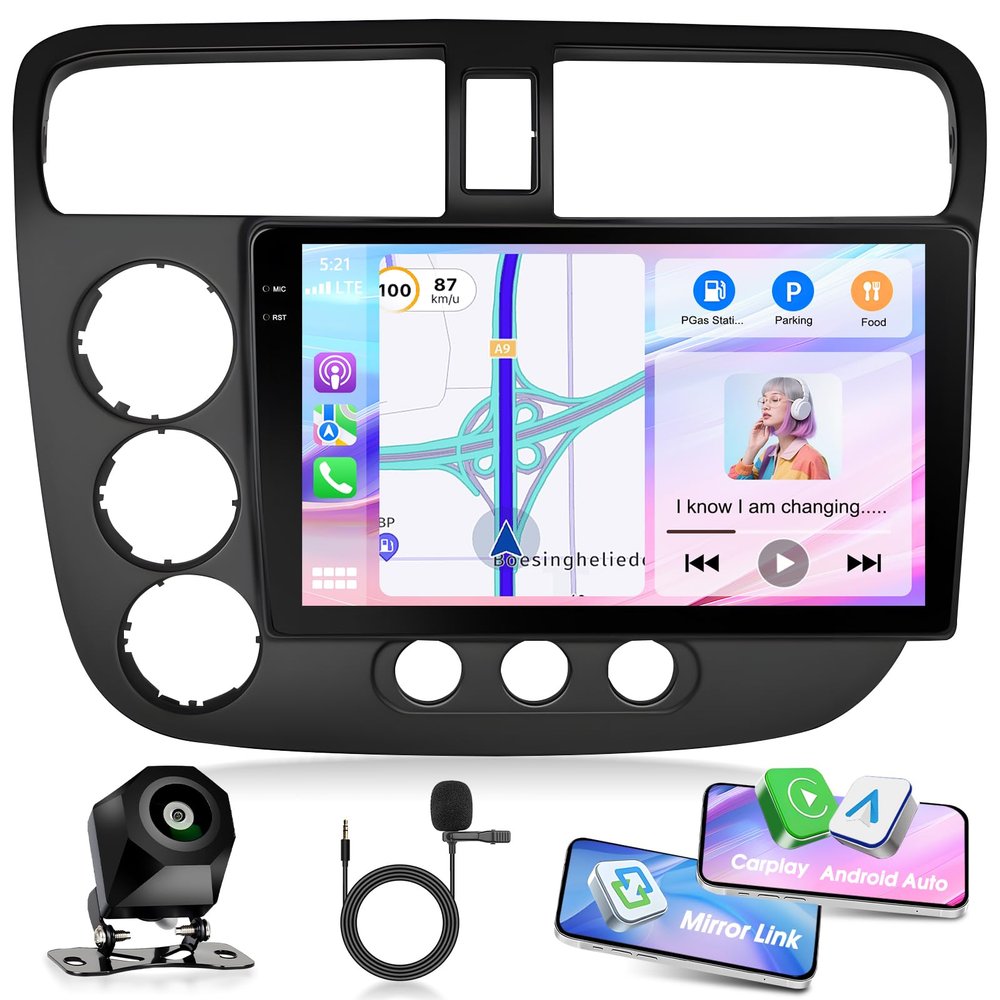 [4+128G] Car Stereo for Honda Civic 2005 with Wireless CarPlay & Android Auto9" Double Din Touchscreen Bluetooth Radio with GPS Mirror Link WiFi RDS Hi-Fi Bluetooth AHD Backup Camera MIC