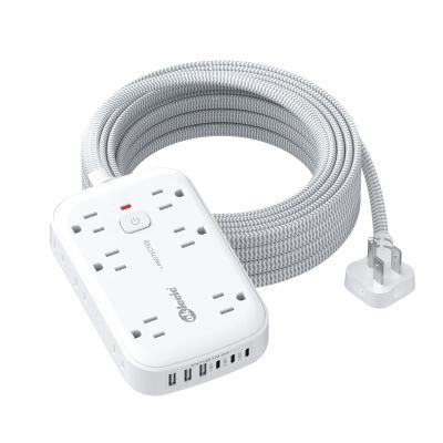 2100J Surge Protector Flat Plug Extension Cord 20 FT with 12 AC Outlets 6 USB Ports 5V/4.8A 24W, 20Ft Long Braided Thin Cord Wall Mount Long Charging Station for Travel Home Office College Dorm