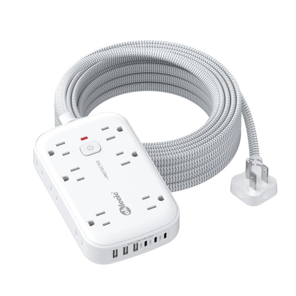 2100J Surge Protector Flat Plug Extension Cord 20 FT with 12 AC Outlets 6 USB Ports 5V/4.8A 24W, 20Ft Long Braided Thin Cord Wall Mount Long Charging Station for Travel Home Office College Dorm