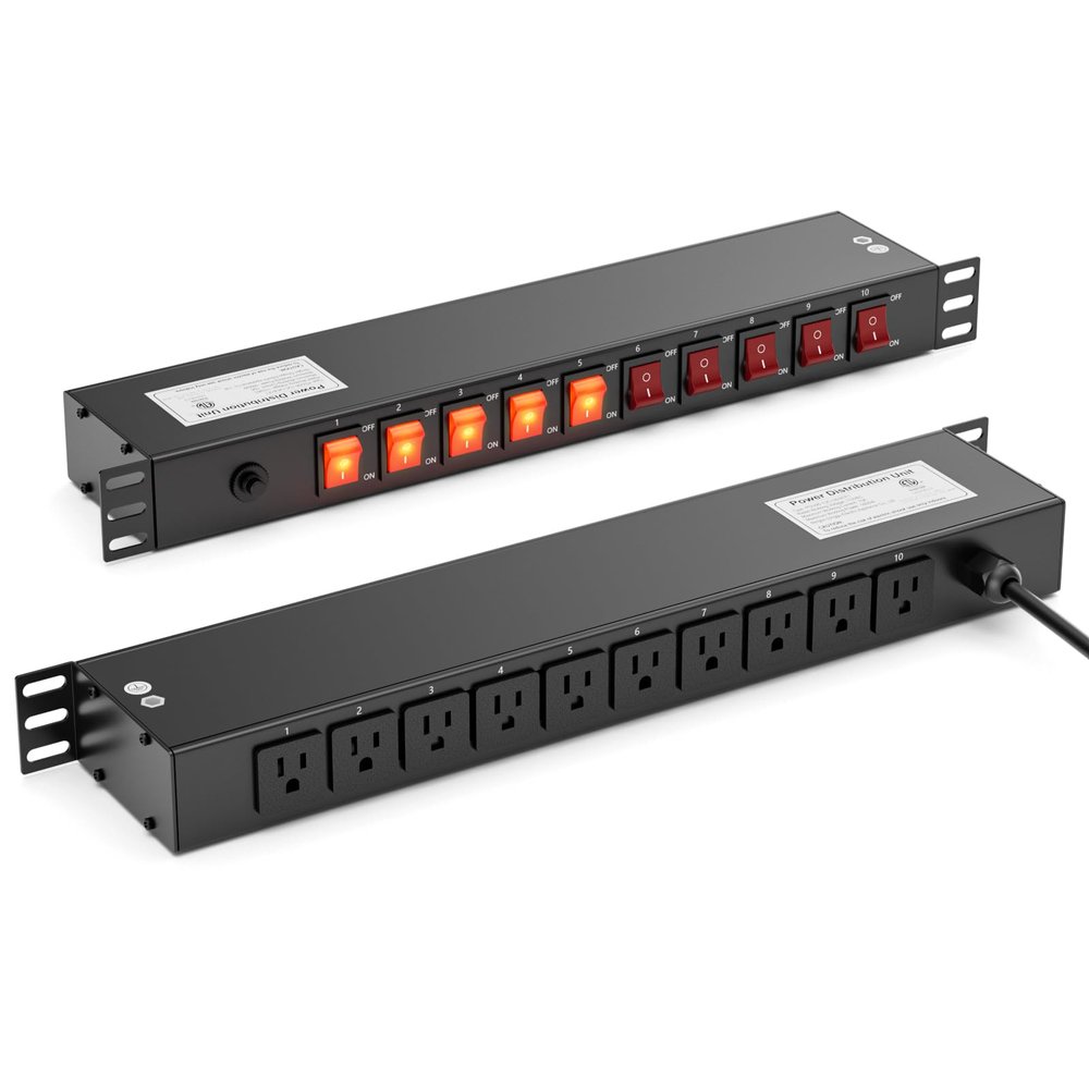 10 Outlet Horizontal 1U Rack Mount PDU Power Strip with Surge Protector - 110V/15A - 6ft Power Cord for Network Server Racks (PDU-03PRO)