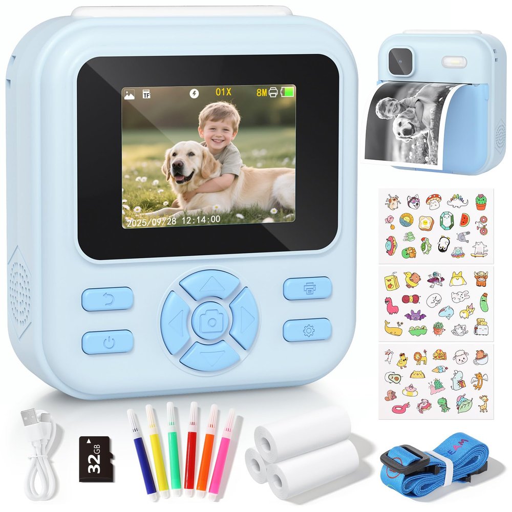 Kids Camera Instant Print, 1080P HD Digital Video Kids Instant Camera for Girl Boys, Toddler Toys for Children Age 3-12 with 3 Rolls Print Paper & 32G Card (Blue)