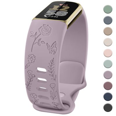 Floral Engraved Band Compatible with Fitbit Charge 6/5 Bands Women Men, Soft Replacement Straps Wristbands for Fitbit Charge 6/5 Advanced Fitness & Health Tracker (Light Purple)