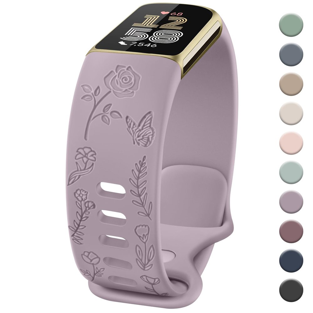 Floral Engraved Band Compatible with Fitbit Charge 6/5 Bands Women Men, Soft Replacement Straps Wristbands for Fitbit Charge 6/5 Advanced Fitness & Health Tracker (Light Purple)