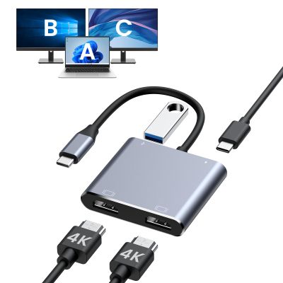 BAOZEE USB C to Dual HDMI Adapter, 4K@60Hz HDMI Splitter for Dual Monitors Extended Display, 100W PD Charging, USB-A Port, Windows Supports Multi-Monitor with 3 Screens, macOS Limited to Mirror Mode