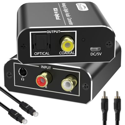 Analog to Digital Audio Converter, RCA & 3.5mm to Optical Toslink Coaxial, Stereo L/R to Digital Audio Adapter with Optical Cable, Aluminum Housing, for PS4, Xbox, HDTV, DVD, Headphones