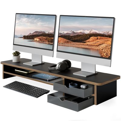 Fenge Monitor Stand, Dual Monitor Riser, 42.5inch Large Desk Computer Monitor Stand Riser with Drawer, 2 Tier Wood & Acrylic Desktop Organizer with Cable Management