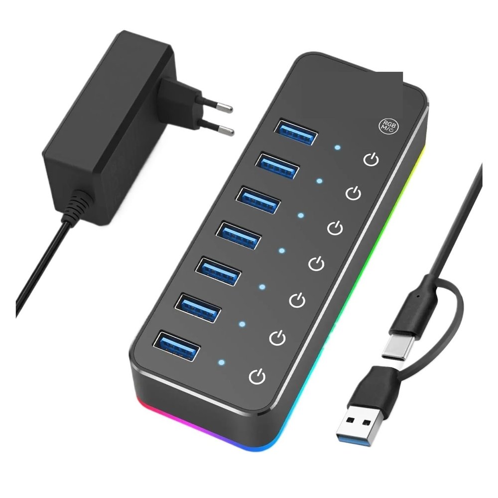 5MNG0Y8 Powered 5Gbps USB C Hub 7 Port USB3.0 14 Mode RGB LED Strip 20W Power Adapter Aluminum Gaming USB Hub(with UK Plug Adapter)