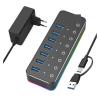 5MNG0Y8 Powered 5Gbps USB C Hub 7 Port USB3.0 14 Mode RGB LED Strip 20W Power Adapter Aluminum Gaming USB Hub(with UK Plug Adapter) view 1