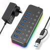 5MNG0Y8 Powered 5Gbps USB C Hub 7 Port USB3.0 14 Mode RGB LED Strip 20W Power Adapter Aluminum Gaming USB Hub(with UK Plug Adapter) view 4