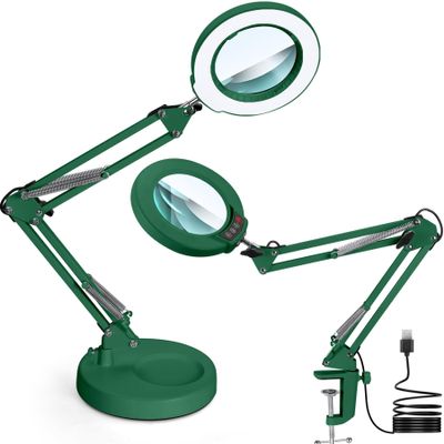 Krstlv 12X Magnifying Glass with Light and Stand, Upgrade Button 5 Color Modes Stepless Dimmable, 2-in-1 LED Lighted Magnifier Light, Hands Free Desk Lamp with Clamp for Craft Hobby Close Work - Green