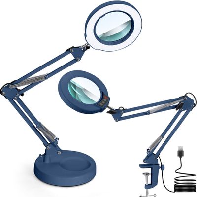 Krstlv 12X Magnifying Glass with Light and Stand, Upgrade Button 5 Color Modes Stepless Dimmable, 2-in-1 LED Lighted Magnifier Light, Hands Free Desk Lamp with Clamp for Craft Hobby Close Work - Blue
