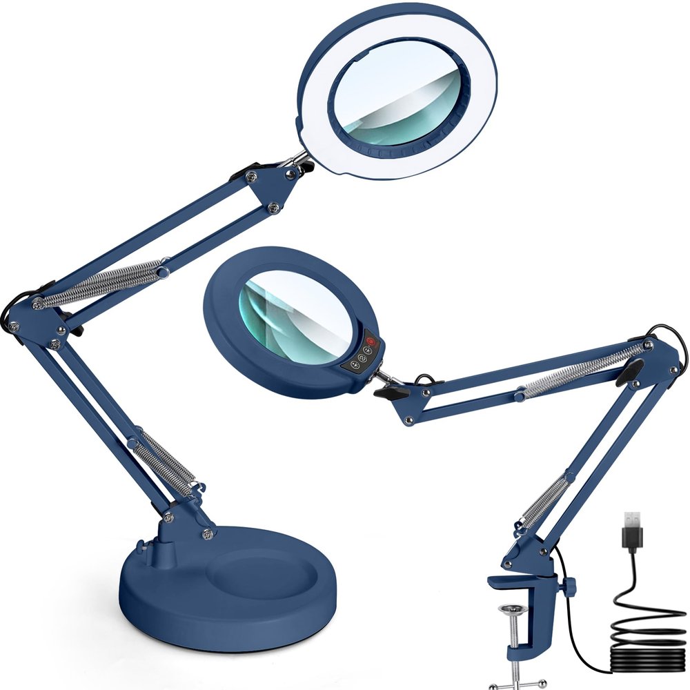 Krstlv 12X Magnifying Glass with Light and Stand, Upgrade Button 5 Color Modes Stepless Dimmable, 2-in-1 LED Lighted Magnifier Light, Hands Free Desk Lamp with Clamp for Craft Hobby Close Work - Blue