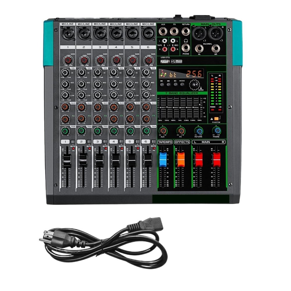 D3LX0Z1 6 Channel Audio DJ Mixing Console 256 Digital Effects USB PC Sound Audio Mixer with 48V for Karaoke Church Singing