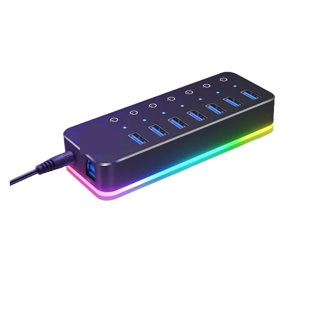 5MNG0Y8 RGB USB 3.0 Hub with 7Port 5Gbps Data Transfer Splitter and 14 Modes for Computer Laptop PC Accessories(UK Plug Adapter)