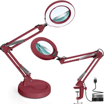 Krstlv 12X Magnifying Glass with Light and Stand, Upgrade Button 5 Color Modes Stepless Dimmable, 2-in-1 LED Lighted Magnifier Light, Hands Free Desk Lamp with Clamp for Craft Hobby Close Work - Red