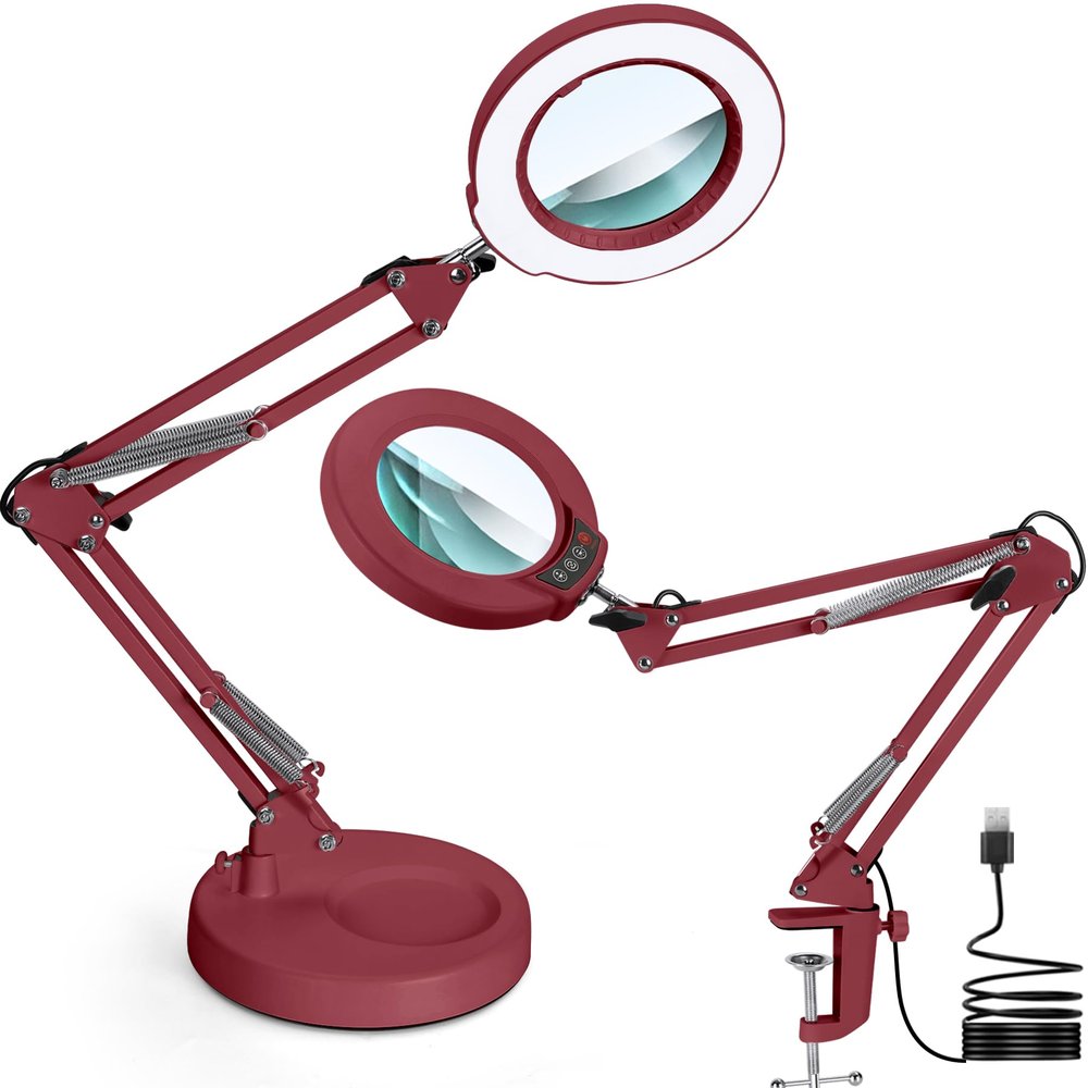 Krstlv 12X Magnifying Glass with Light and Stand, Upgrade Button 5 Color Modes Stepless Dimmable, 2-in-1 LED Lighted Magnifier Light, Hands Free Desk Lamp with Clamp for Craft Hobby Close Work - Red